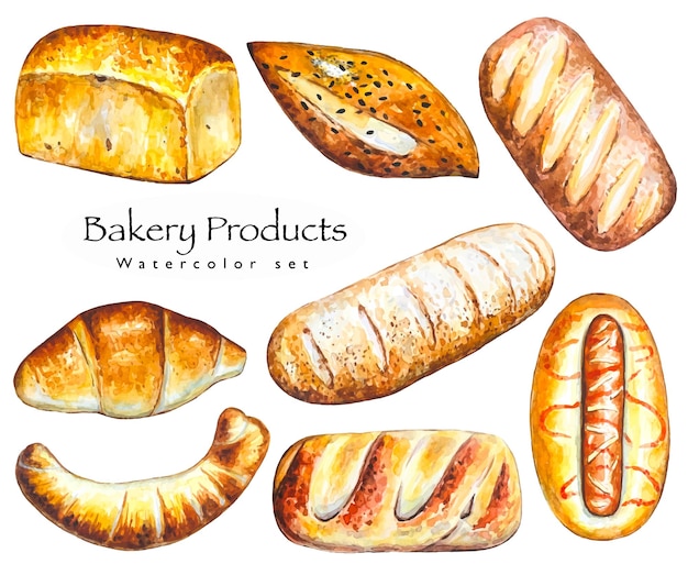 Conjunto de vários pães de pastelaria em aquarela