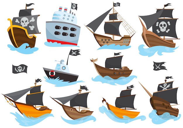 Conjunto de vários tipos de ilustração de navios piratas de desenhos animados estilizados com velas pretas. galeões com imagem jolly roger. desenho bonito. coleção de navios piratas navegando na água.