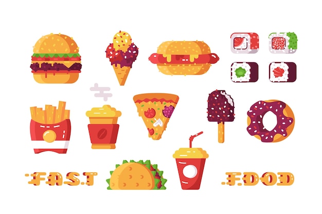 Vetor conjunto de vários tipos de ilustração vetorial de fast food diferentes tipos de bebidas e lazer não saudáveis, como sushi taco e batatas fritas, design de estilo plano conceito de produtos semiacabados