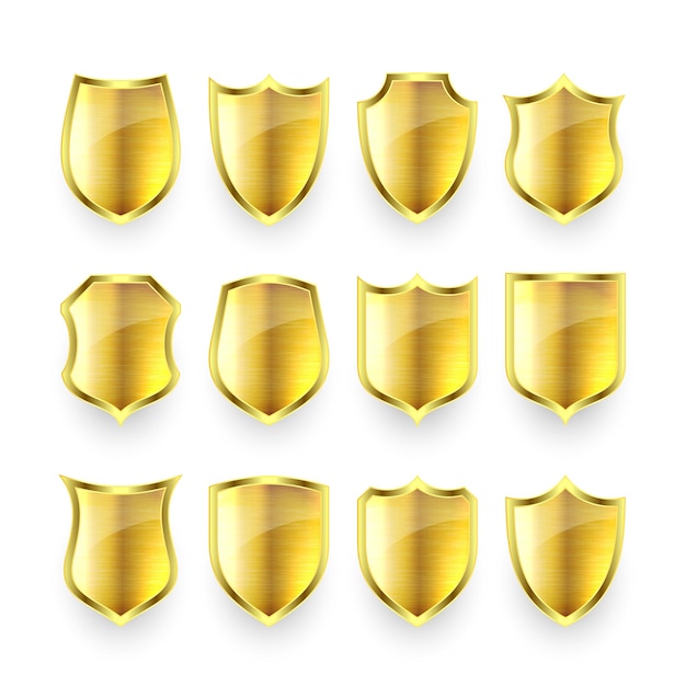 Conjunto de vários vintage d metal escudo ícones brilhantes escudos heráldicos dourados proteção preta e