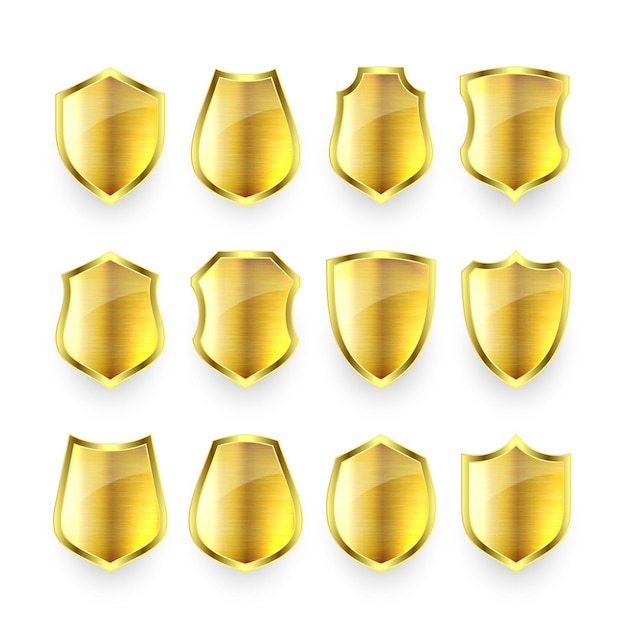 Conjunto de vários vintage d metal escudo ícones brilhantes escudos heráldicos dourados proteção preta e