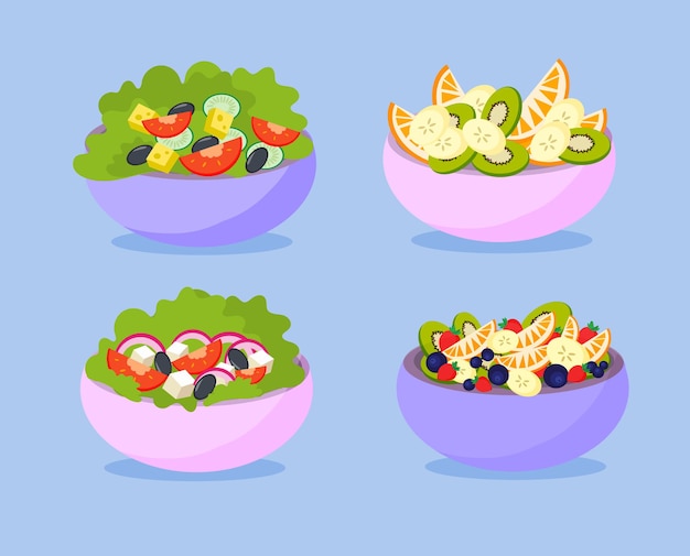 Conjunto de vegetais e saladas de frutas