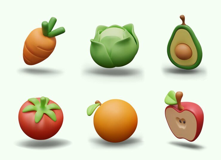 Vetor conjunto de vegetais realistas em frutas em estilo plasticina objetos inteiros e metades