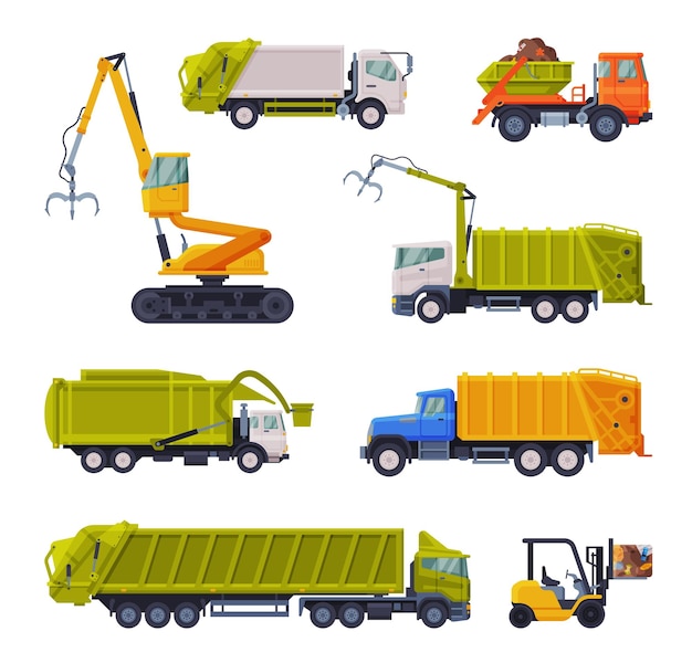 Conjunto de veículos especiais, camião de lixo, escavadeira, recolha de resíduos, transporte e conceito de reciclagem