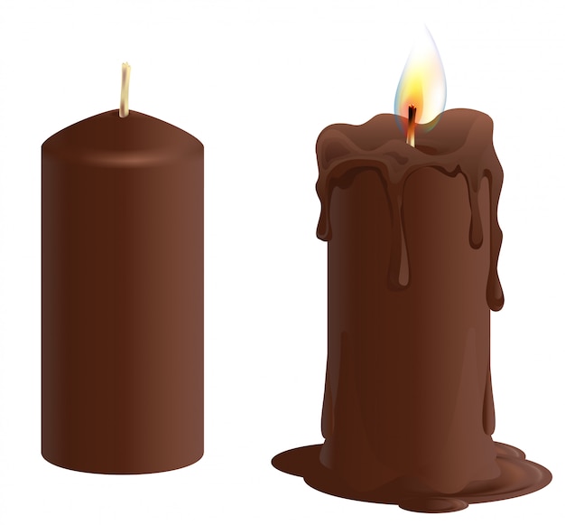 Conjunto de vela de chocolate marrom. vela queima e derrete