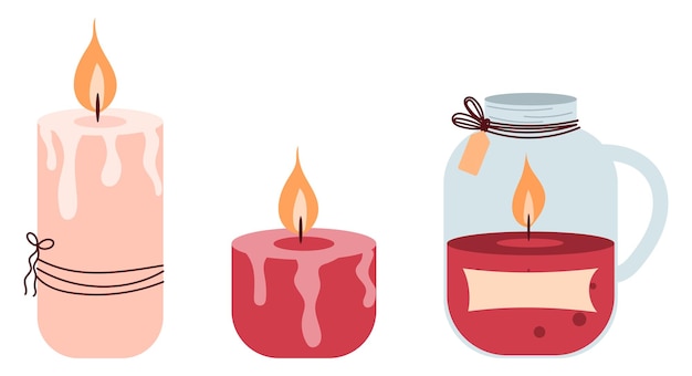 Conjunto de velas acesas. ilustração em vetor desenhado à mão em estilo doodle. design para cartões de férias