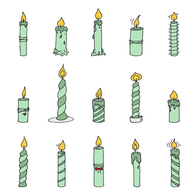 Vetor conjunto de velas de aniversário acesas ilustração de doodle único clipart desenhado à mão para design de logotipo de cartão