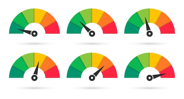 Vetor conjunto de velocímetros coloridos. escala com seta.