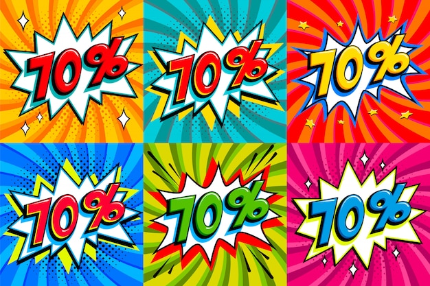 Conjunto de venda. Venda de setenta por cento 70 fora de etiquetas em um estilo de quadrinhos estrondo forma de fundo. Banners de promoção pop art desconto em quadrinhos.