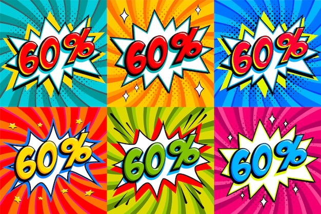 Conjunto de venda. Venda sessenta por cento 60 etiquetas em um estilo de quadrinhos estrondo forma de fundo. Banners de promoção pop art desconto em quadrinhos.