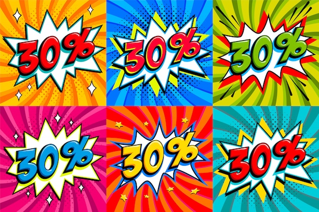 Conjunto de venda. Venda trinta por cento 30 fora de etiquetas em um estilo de quadrinhos estrondo forma de fundo. Banners de promoção pop art desconto em quadrinhos.