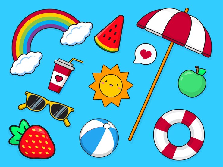 Conjunto de verão Sol e arco-íris Guarda-sol e óculos de sol Vetor clipart