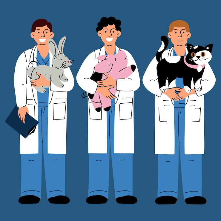 Vetor conjunto de veterinários masculinos felizes com uma variedade de animais de estimação vector de cuidados com animais estilo plano caras