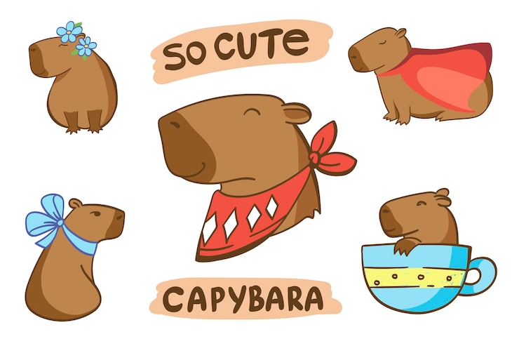 Vetor conjunto de vetor capybara adesivos emoções personagem