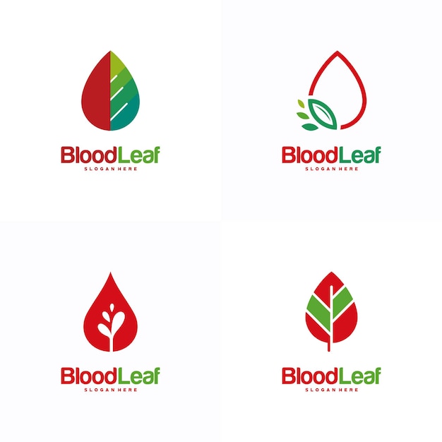 Conjunto de vetor de conceito de design de logotipo de folha de sangue, modelo de design de logotipo de doador, conceito de design, logotipo, elemento de logotipo para modelo