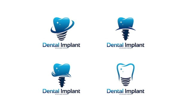 Conjunto de vetor de conceito de projetos de logotipo de implante dentário, modelo de logotipo de atendimento odontológico