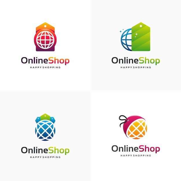 Conjunto de vetor de conceito de projetos de logotipo de loja online, site e modelo de logotipo de compra de etiqueta de preço