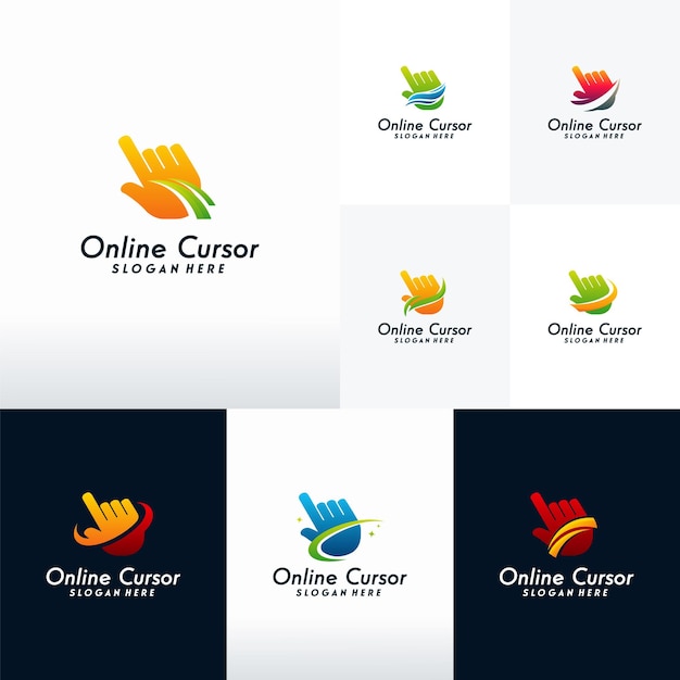 Conjunto de vetor de designs de logotipo cursor online, cursor com modelo de design de logotipo swoosh