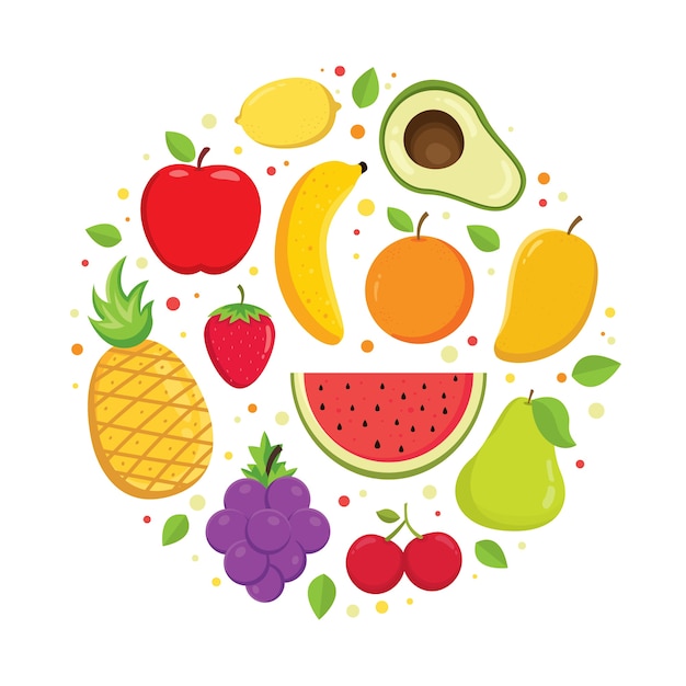 Conjunto de vetor de frutas coloridas dos desenhos animados