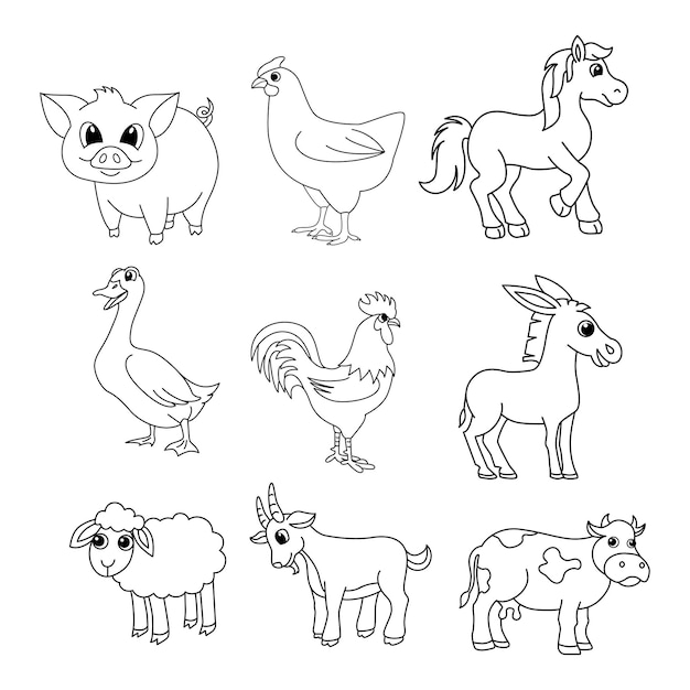 Vetor conjunto de vetor de ilustração de página para colorir de desenhos animados de animais de fazenda para livro de colorir para crianças