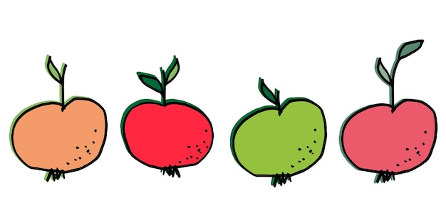 Conjunto de vetor de maçãs padrão de 4 ps frutas com fundo de vitamina de dieta de folhas