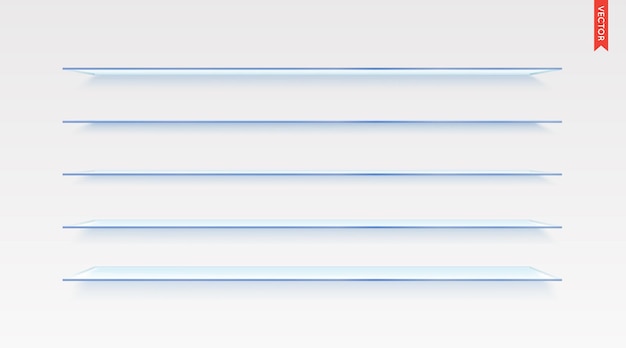 Conjunto de vetor de prateleiras de vidro isolado no fundo da parede