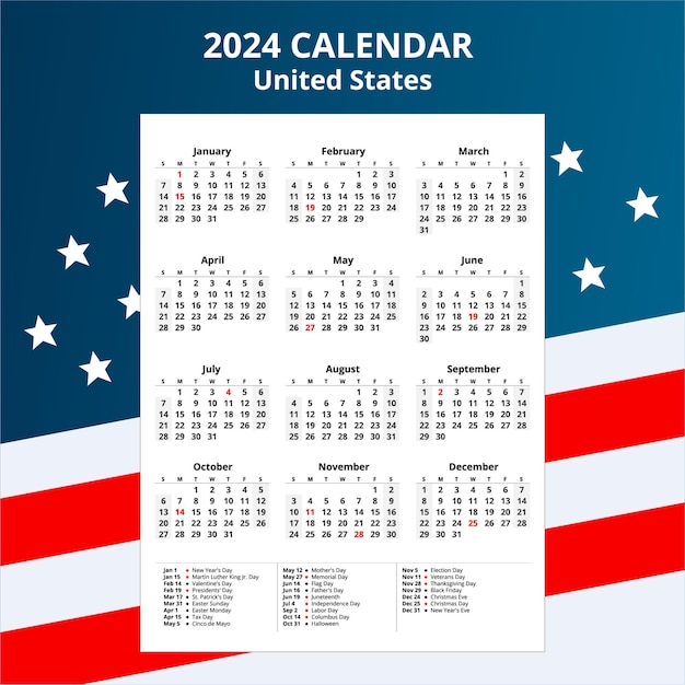 Conjunto de vetor modelo do calendário dos estados unidos 2024 com gráfico de data de 12 meses de feriado público