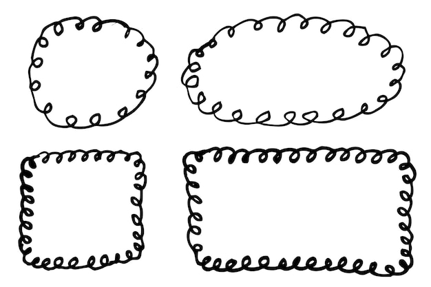 Conjunto de vetores 4 linhas de ondulação, quadro de mão, esboço, círculo preto, retângulo quadrado oval
