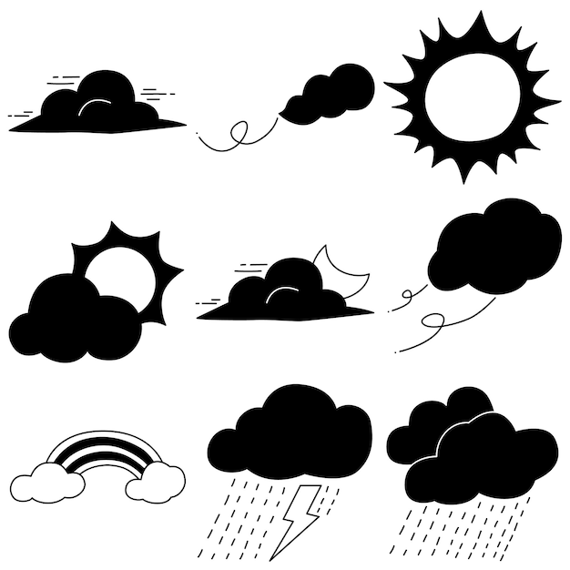 Conjunto de vetores climáticos isolado no fundo branco estilo simples de desenho animado desenhado à mão