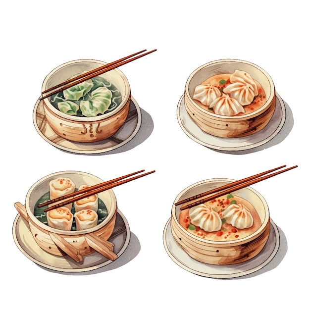 Conjunto de vetores de 4 coleções de aquarela dimsum