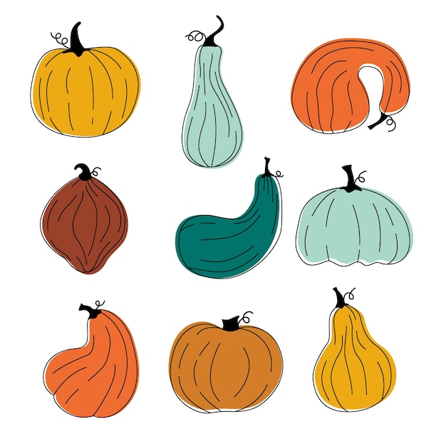 conjunto de vetores de abóboras outono halloween ilustração vetor de abóboras vegetais