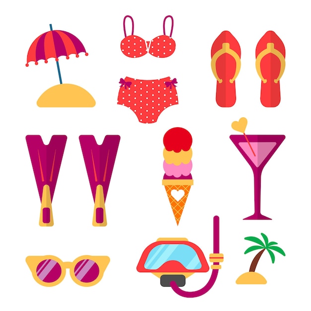 Conjunto de vetores de acessórios de férias de verão e roupas de praia. itens para férias e viagens: snorkel, biquíni, roupa de banho, óculos e outros elementos. ilustração do estilo simples.