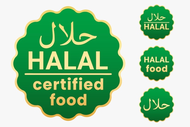 Conjunto de vetores de adesivos de selo alimentar certificado Wavey Halal verde e dourado