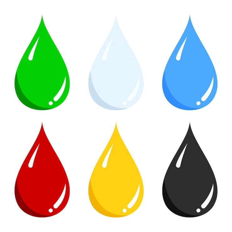 Vetor conjunto de vetores de água azul, verde, leite azul claro, sangue vermelho, mel amarelo, ícone de gota de óleo preto preto isolado no branco.