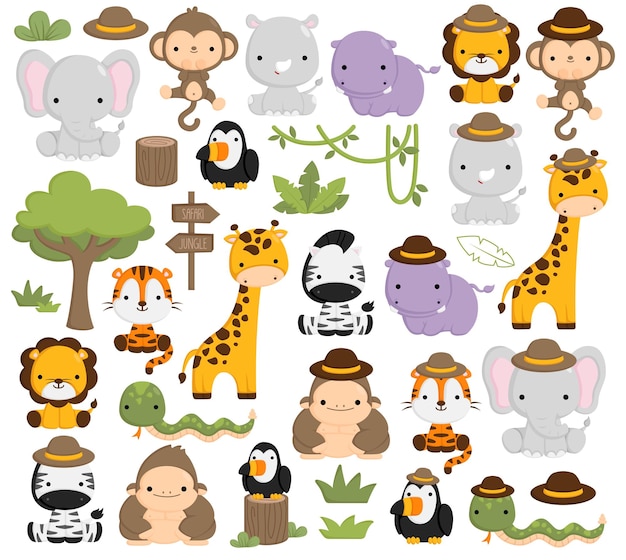Conjunto de vetores de animais da selva doodle safari Vetor Premium