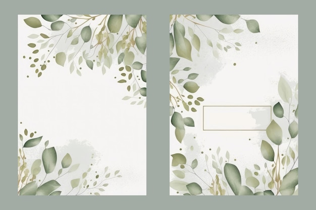 Conjunto de vetores de aquarela design de modelo de cartão de convite de casamento com folhas verdes de eucalipto