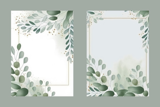 Conjunto de vetores de aquarela design de modelo de cartão de convite de casamento com folhas verdes de eucalipto