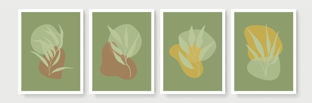 Conjunto de vetores de arte de parede botânica. Terra tom boho folhagem arte linha desenho com forma abstrata. Projeto de arte de planta abstrata para impressão, capa, papel de parede, arte de parede minimalista e natural