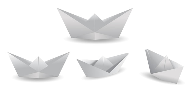 Vetor conjunto de vetores de barco de papel dobrado realista isolado em origami moderno de barco de papel de fundo branco
