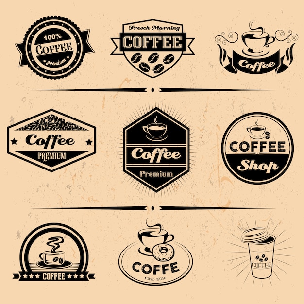 Conjunto de vetores de café etiquetas, elementos de design, emblemas e distintivos. Ilustração do logotipo isolado em estilo vintage. Coleção de modelos.