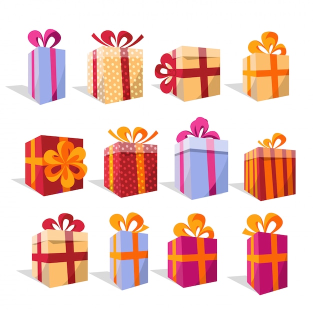 Conjunto de vetores de caixas de presente de perspectiva colorida diferente. Caixa de presente bonita com arco esmagador. Caixa de presente de natal.