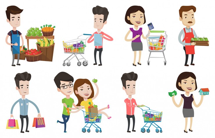 Vetor conjunto de vetores de caracteres de pessoas compras.