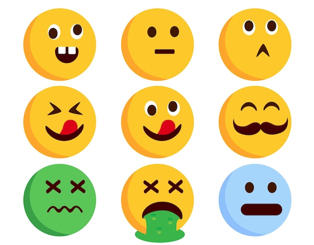 Conjunto de vetores de caracteres emoticons personagens planas de emoticons em vômito doente louco e facial estranho