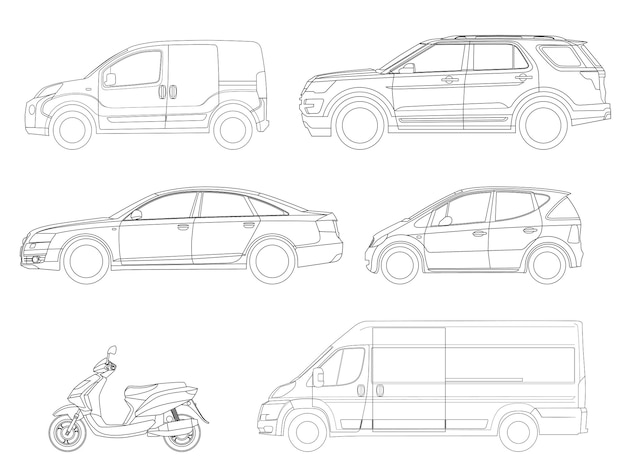 Conjunto de vetores de carros de ícones de contorno. vista lateral transporte da cidade.