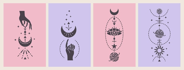 Conjunto de vetores de cartas mágicas com ilustrações de mistério. Cartões mágicos.