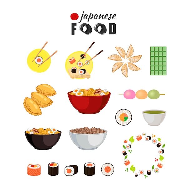 Vetor conjunto de vetores de comida japonesa isolado no fundo branco ilustrações coloridas tradicionais