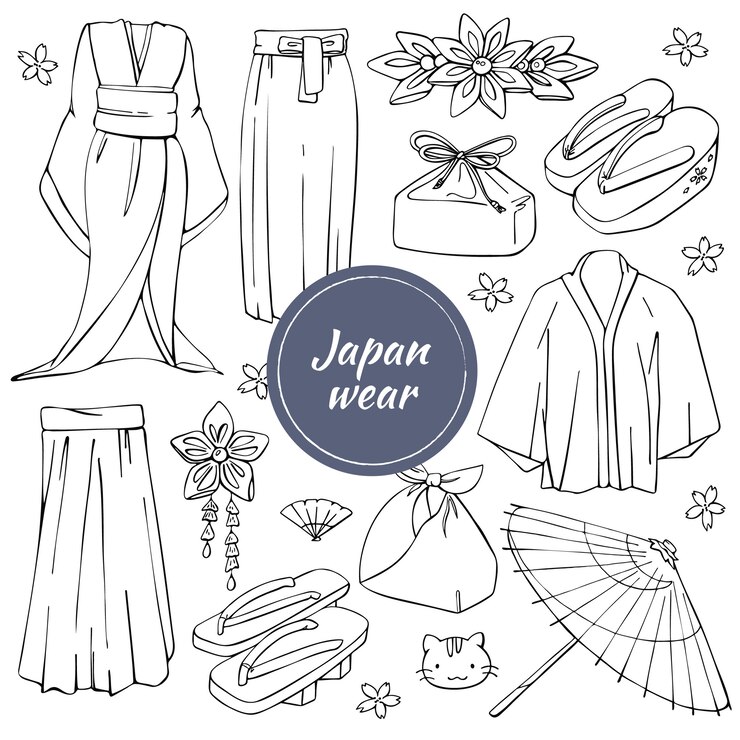 Vetor conjunto de vetores de desgaste japonês tradicional desenhada.