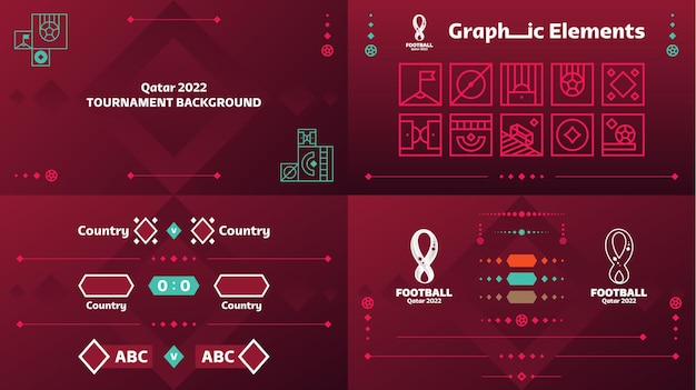 Conjunto de vetores de elementos de design do Qatar 2022 futebol ou campeonato de futebol. Qatar 2022 cor de fundo oficial com logotipo. Vetores, banners, pôsteres, kit de mídia social, modelos, painel de avaliação