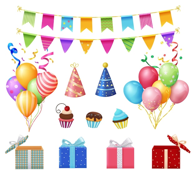 Conjunto de vetores de elementos de festa de aniversário Elementos de decoração surpresa de dia de nascimento como galhardetes de presentes