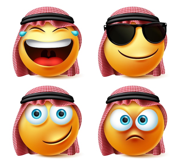 Vetor conjunto de vetores de emoticons da arábia saudita. emoções ou emoji do rosto do homem da arábia saudita rindo, impertinente